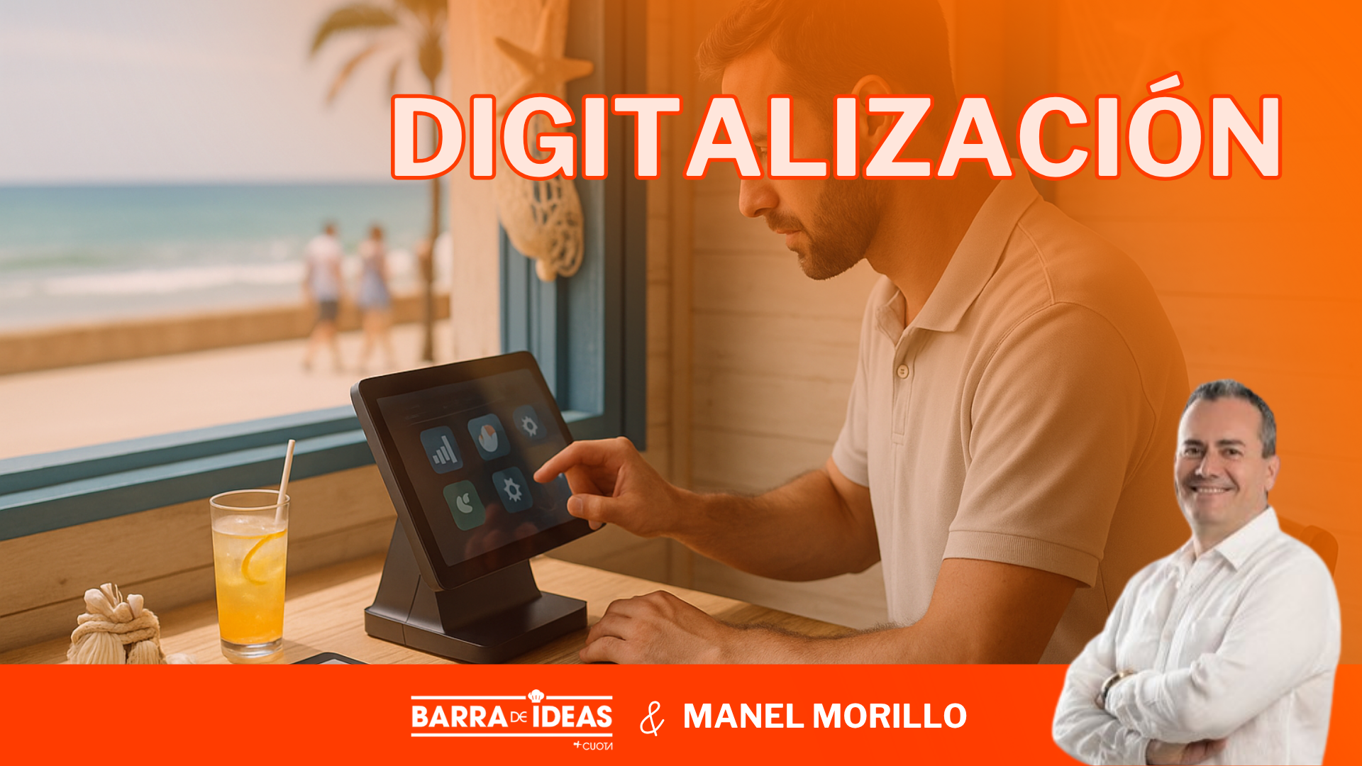 Un hombre utilizando una tableta y en el margen derecho una foto retrato de Manuel Morillo