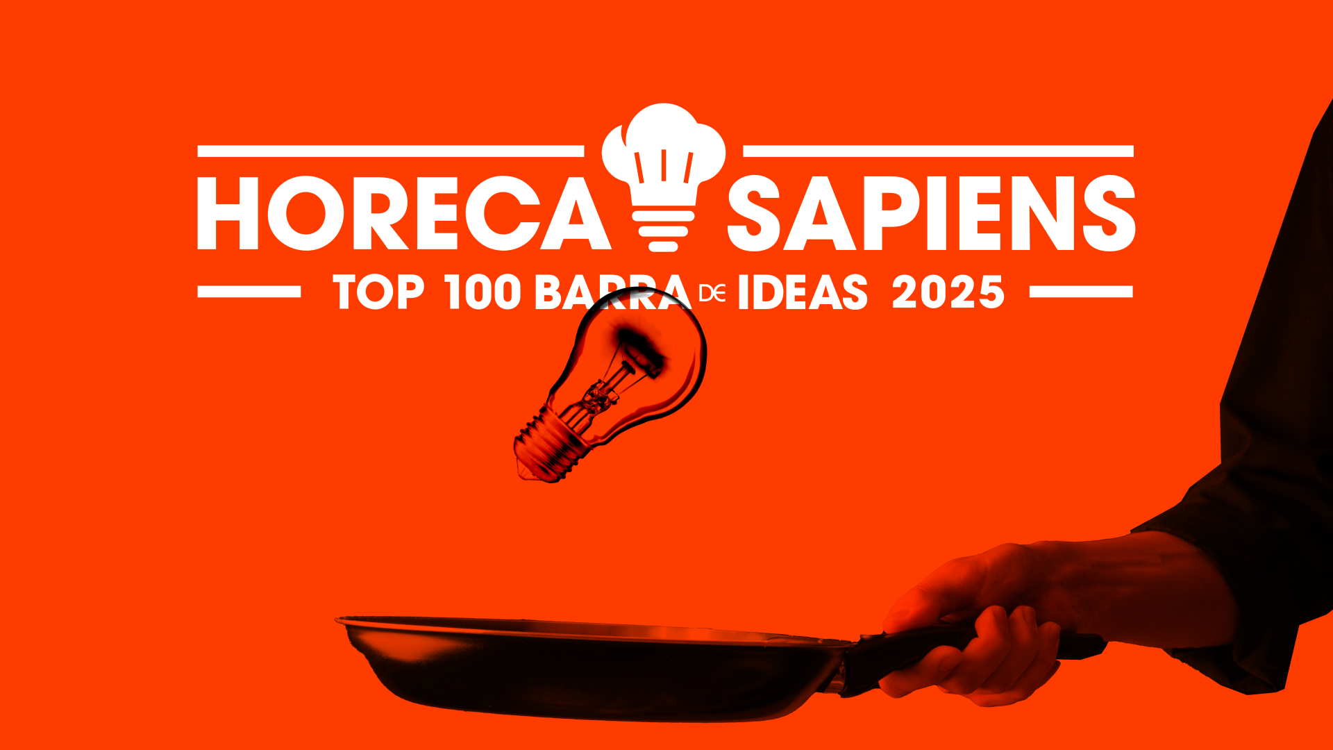 Banner de HORECA Sapiens con un cocinero sosteniendo una sarten y "salteando" una bombilla