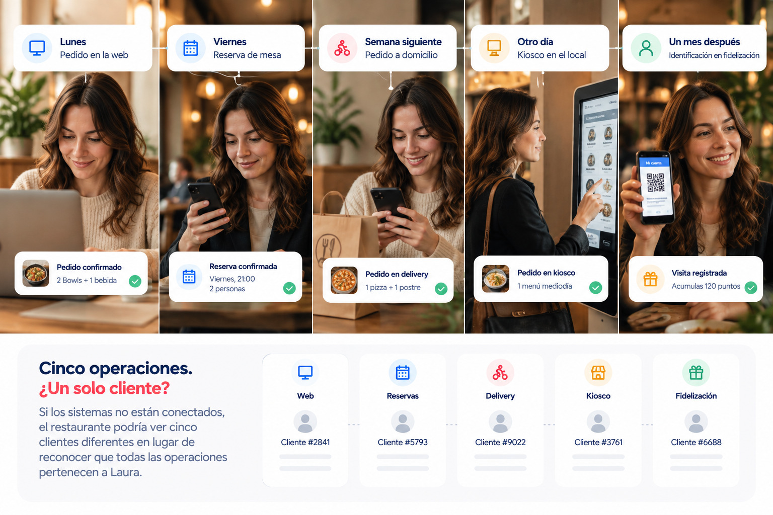 Canales de un restaurante conectados alrededor de un mismo cliente