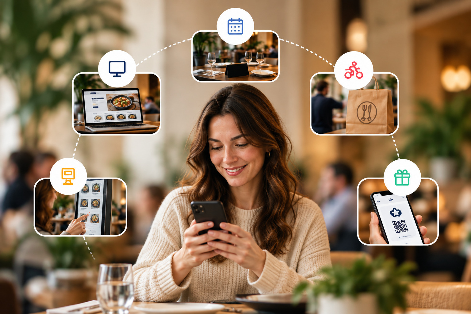 Cliente interactuando con un restaurante a través de distintos canales digitales y presenciales